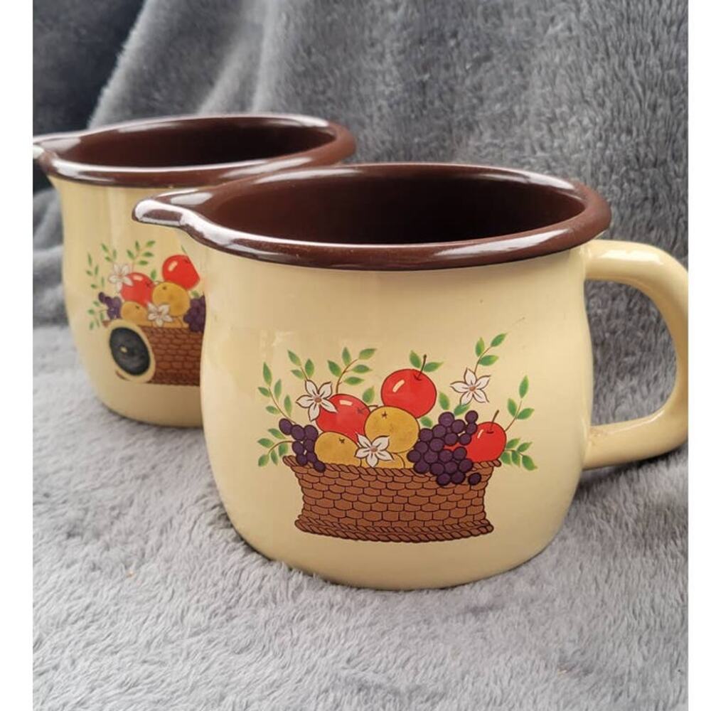 FTD Vintage Enamelware Creamer Cottage Floral Fruit 1986